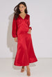 Red V Neck Batwing Blouson Sleeves Satin Midaxi Dress by Gini London
