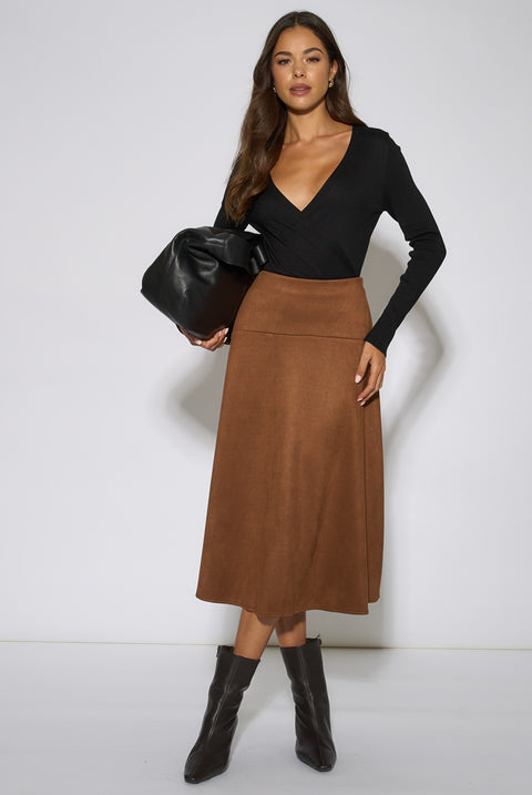 Tan Suede A Line Midi Skirt by Gini London