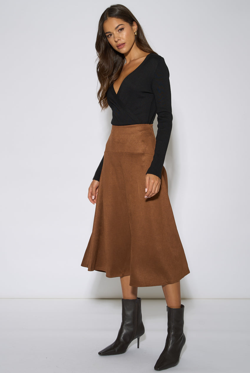Tan Suede A Line Midi Skirt GL2372