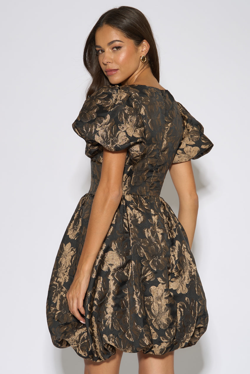 Black Floral Jacquard Puff Ball Mini Dress GL2373