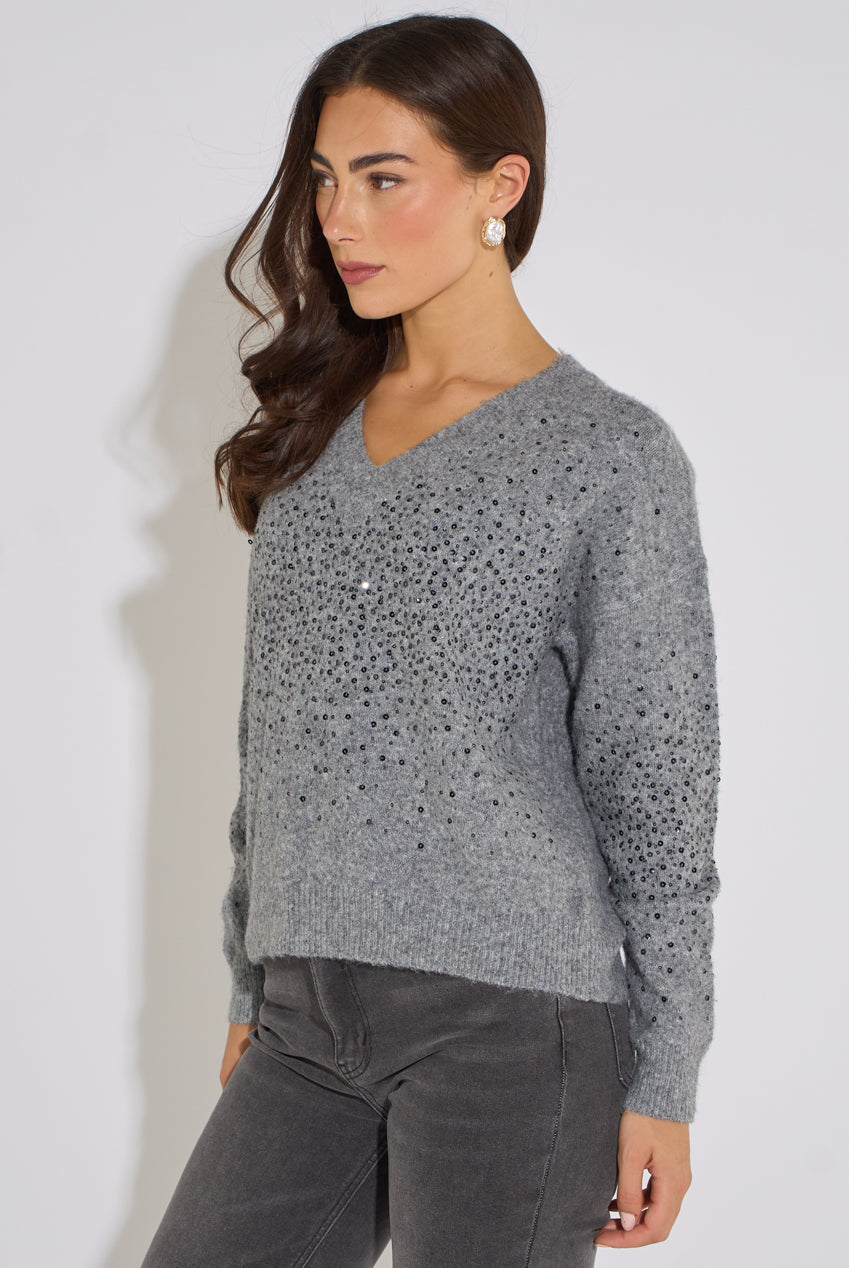 Grey Marl Recycled Polyester Mix Contrast Diamante Knit Jumper GL2378