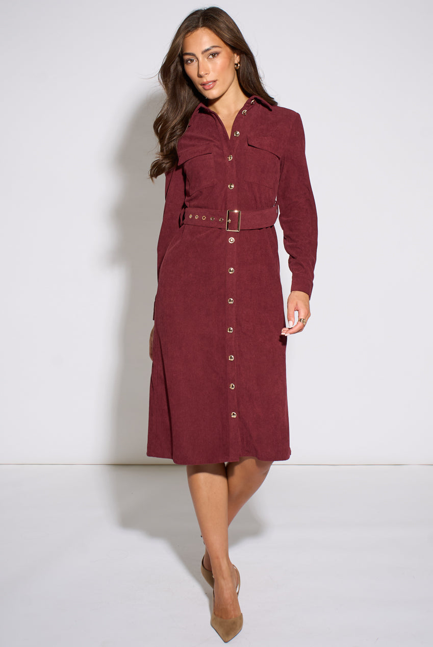 Mulberry Cord Belted Longline Shirt Dress GL2384