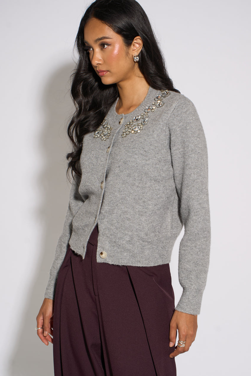 Grey Marl Diamante Embedded Knit Cardigan GL2386