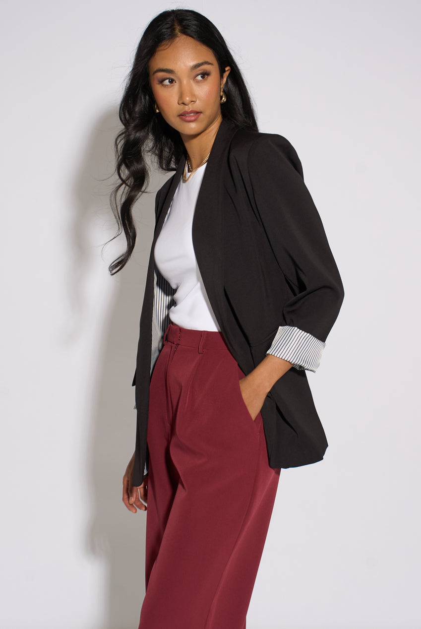 Black Contrast Sleeve Edge To Edge Blazer GL2388
