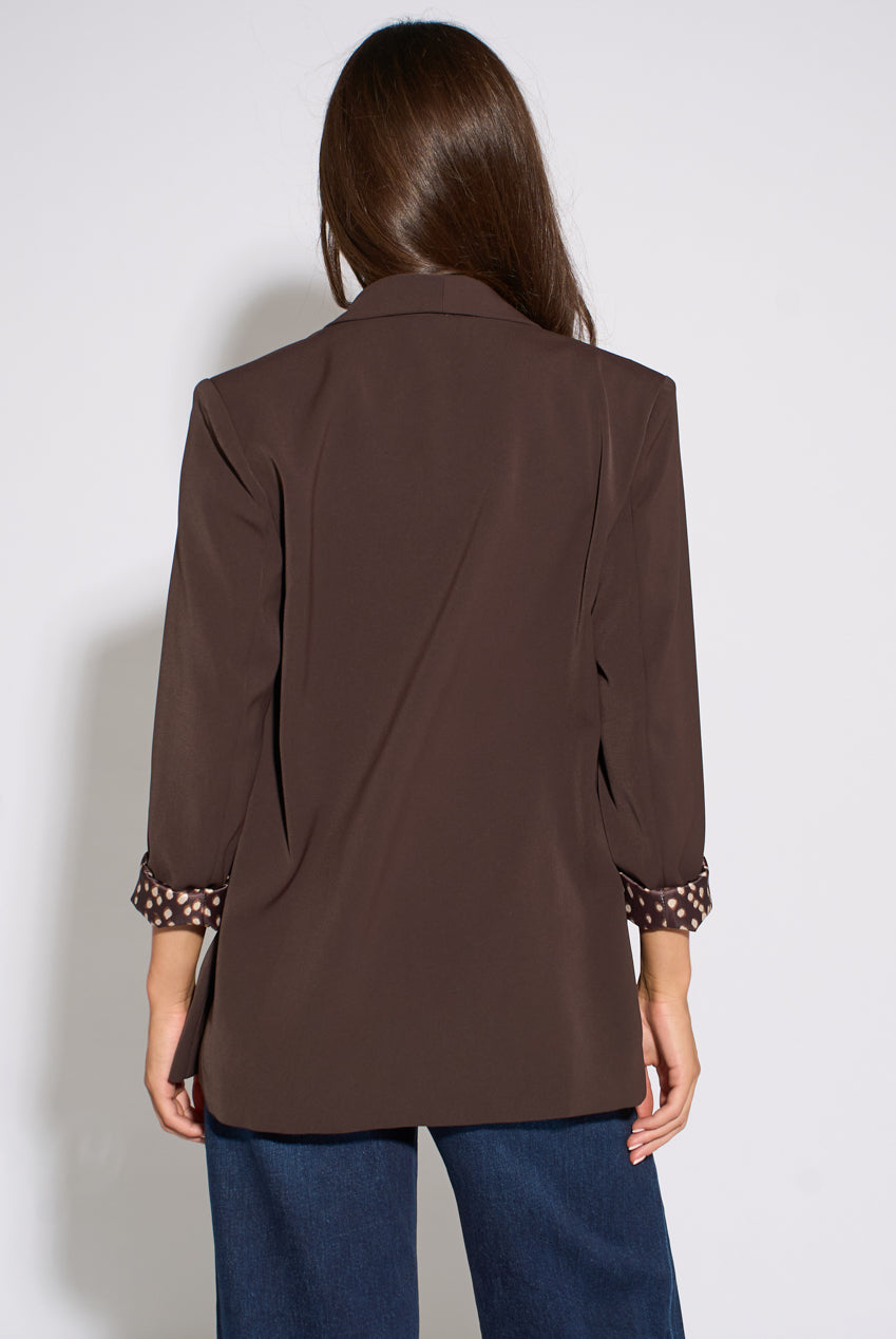 Brown Contrast Animal Sleeve Edge To Edge Blazer GL2388