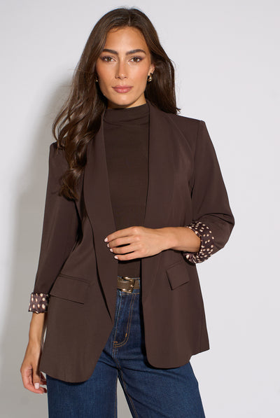 Brown - Brown Contrast Animal Sleeve Edge To Edge Blazer by Gini London