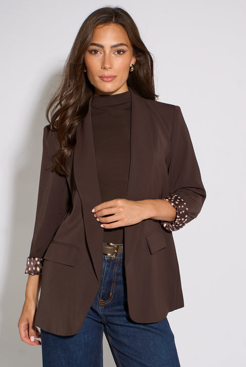 Brown Contrast Animal Sleeve Edge To Edge Blazer by Gini London