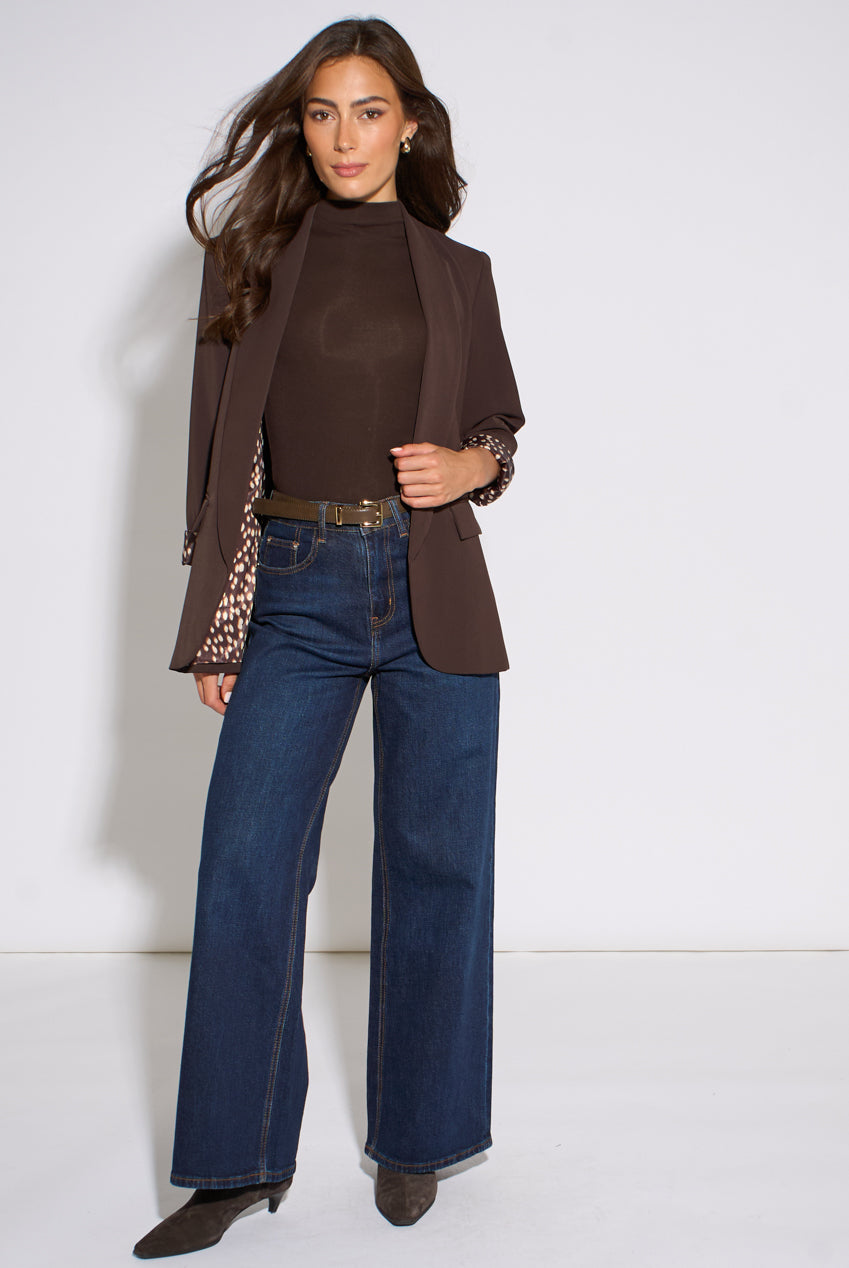 Brown Contrast Animal Sleeve Edge To Edge Blazer GL2388