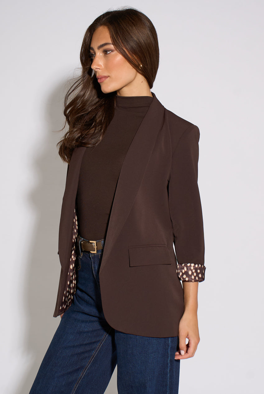 Brown Contrast Animal Sleeve Edge To Edge Blazer GL2388