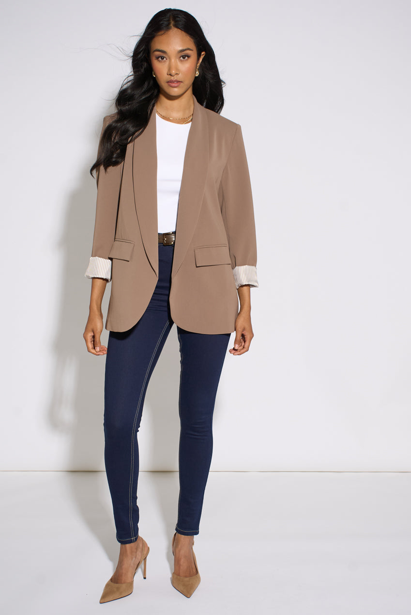 Mocha Contrast Sleeve Edge To Edge Blazer GL2388