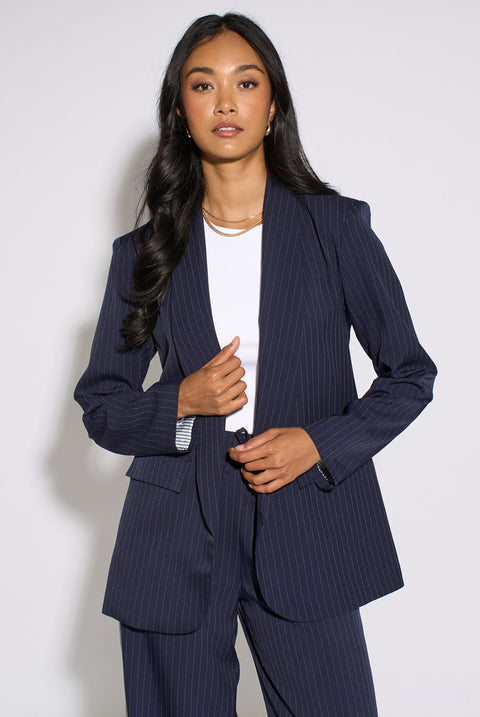Navy Stripe Contrast Sleeve Edge To Edge Blazer by Gini London