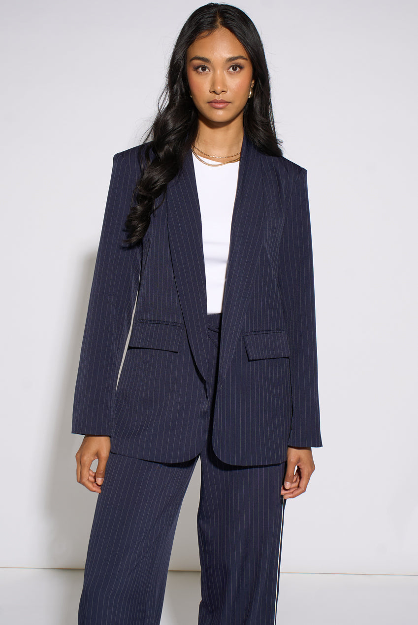 Navy Stripe Contrast Sleeve Edge To Edge Blazer GL2388