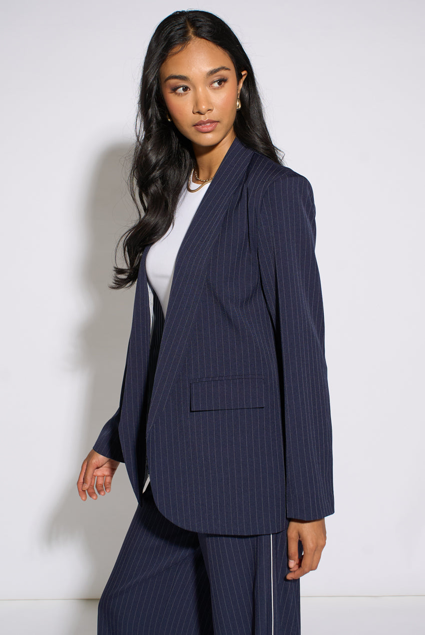 Navy Stripe Contrast Sleeve Edge To Edge Blazer GL2388