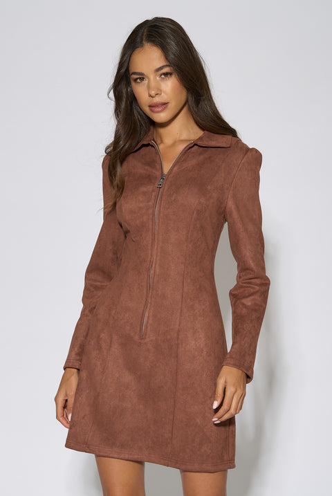 Brown Faux Suede Zip Front Mini Dress by Gini London