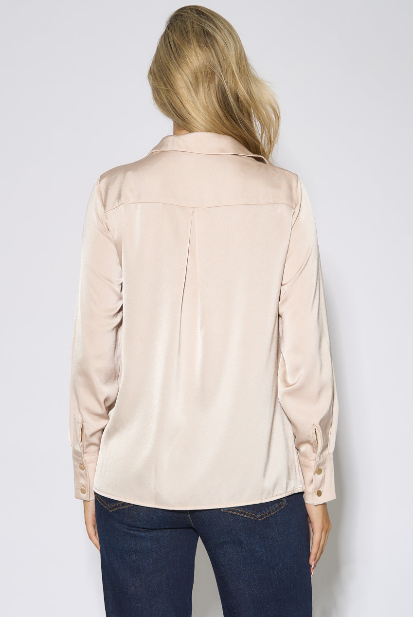 Champagne Lace Trim Neckline Long-Sleeve Shirt GL2392