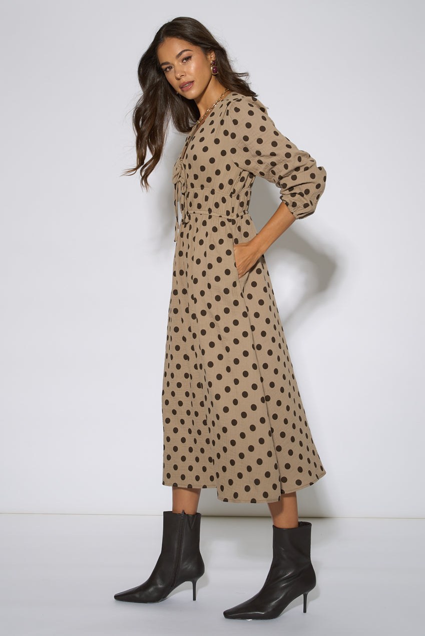 Beige Cotton Spot Skater Midi Dress GL2395