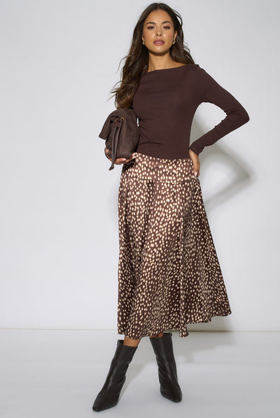 Brown - Brown Asymmetric Animal Print A Line Midi Skirt by Gini London