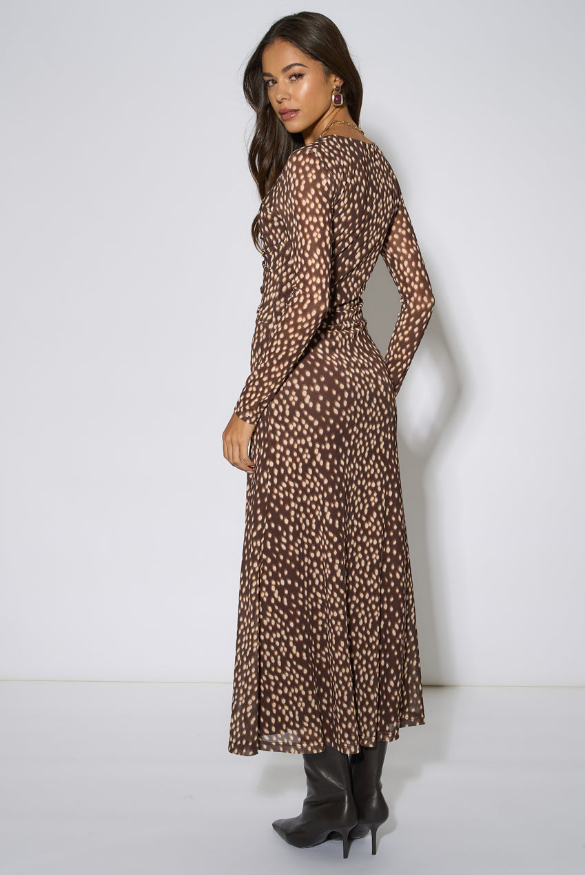 Brown Animal Mesh Ruched Front Midaxi Dress GL2404