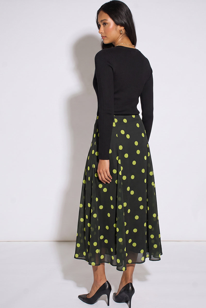 Green Lime Spot Satin Godet Midi Skirt GL2411
