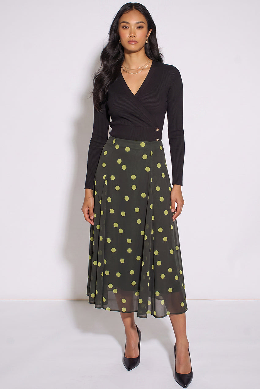 Green Lime Spot Satin Godet Midi Skirt GL2411