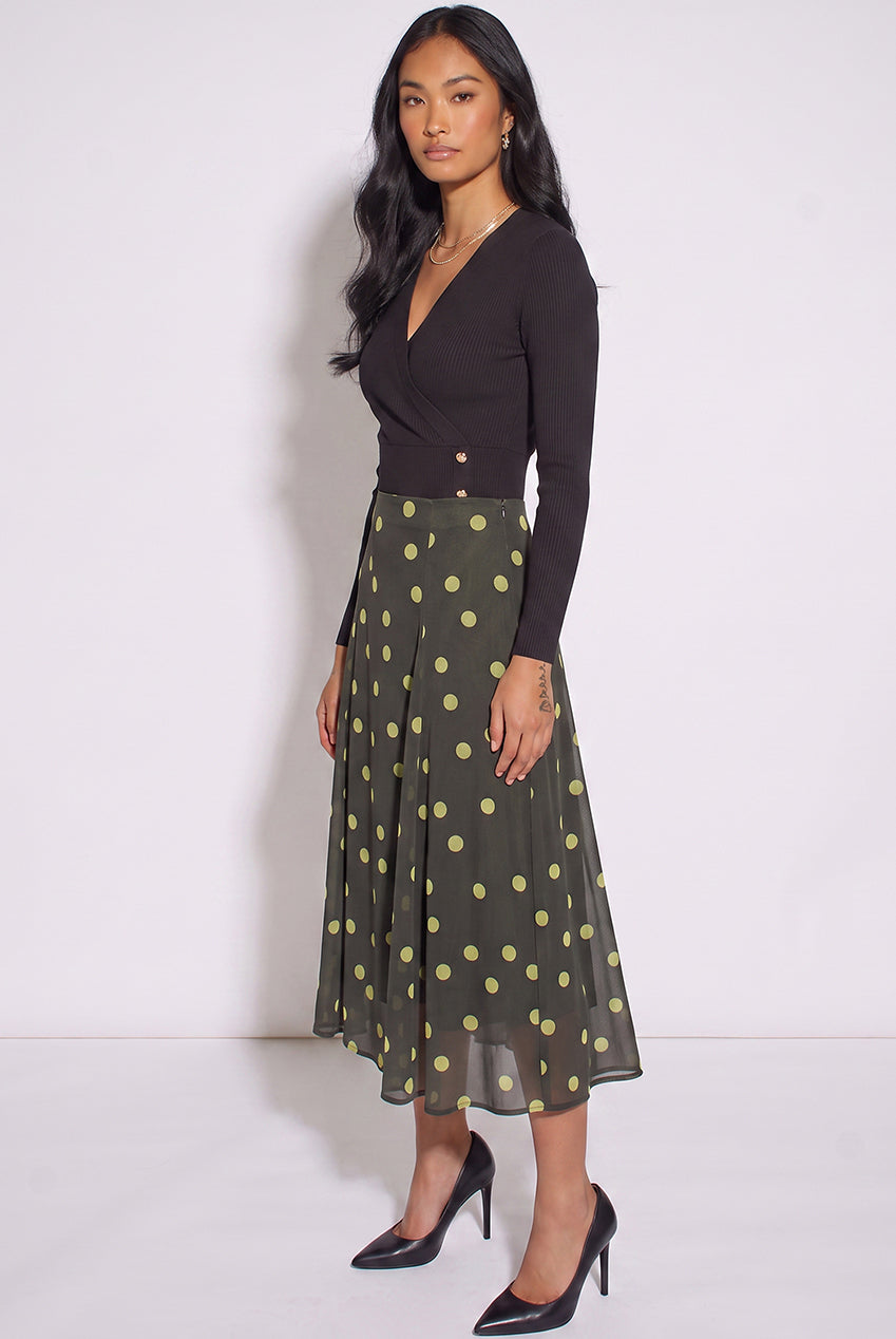 Green Lime Spot Satin Godet Midi Skirt GL2411