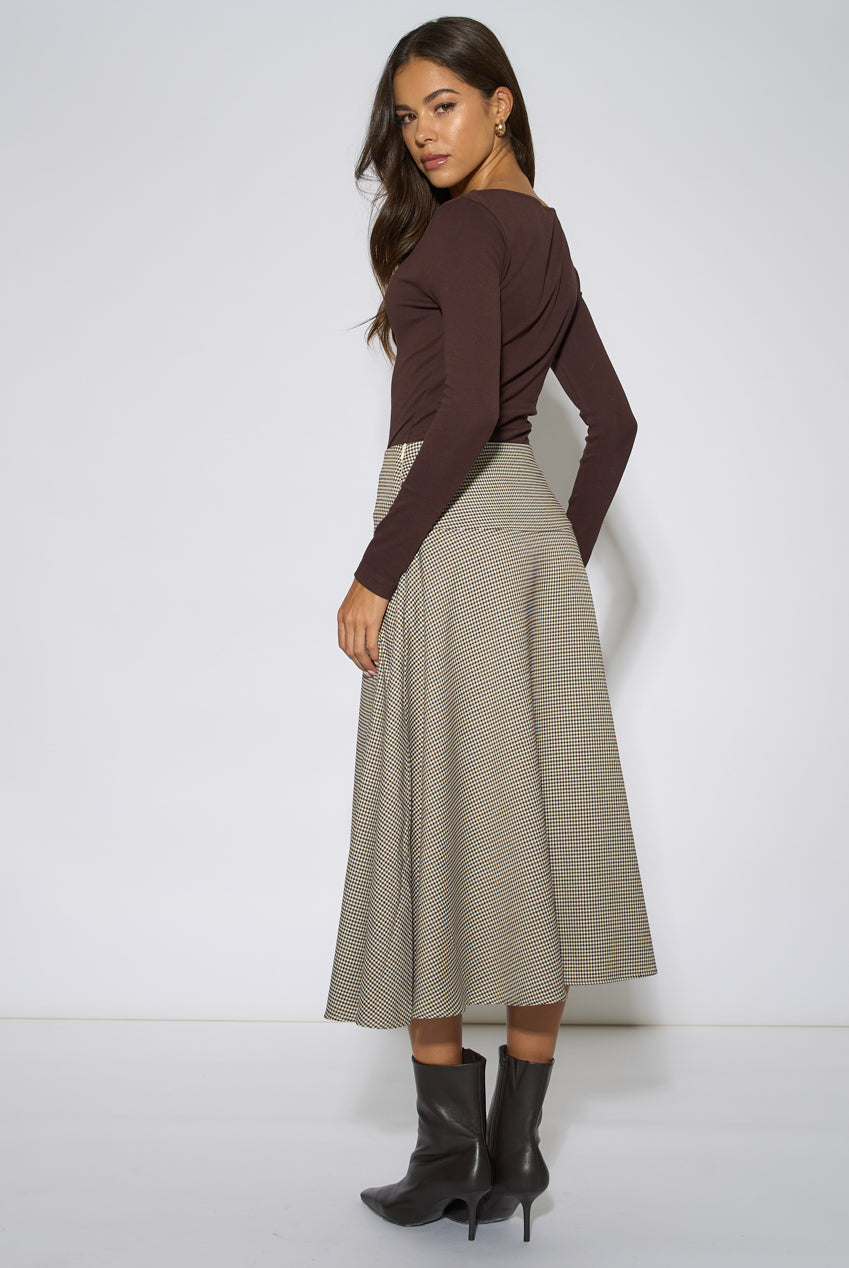 Brown Dog Tooth A Line Midi Skirt GL2413