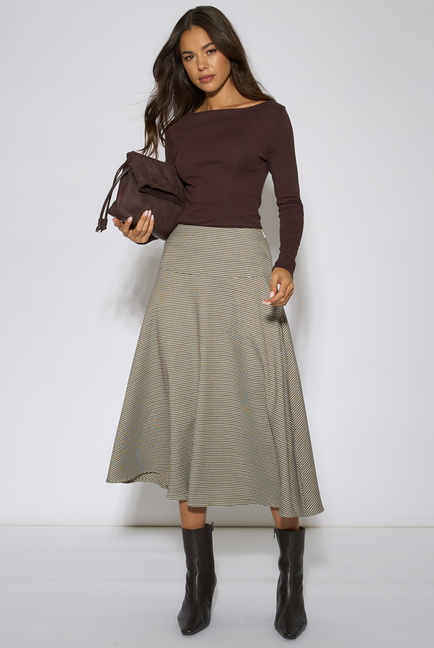 Brown Dog Tooth A Line Midi Skirt GL2413
