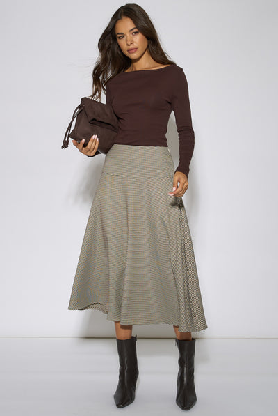 Brown - Brown Dog Tooth A Line Midi Skirt by Gini London