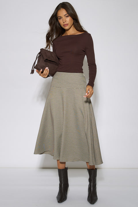 Brown Dog Tooth A Line Midi Skirt by Gini London