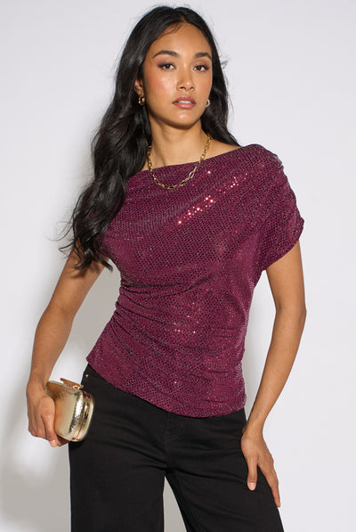 Berry - Mulberry Off Shoulder Sparkle Contrast Top by Gini London