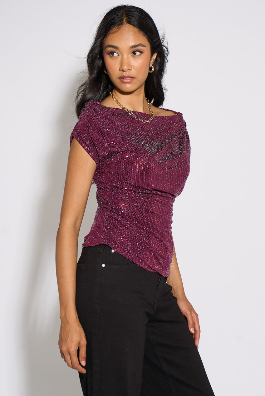 Mulberry Off Shoulder Sparkle Contrast Top GL2414