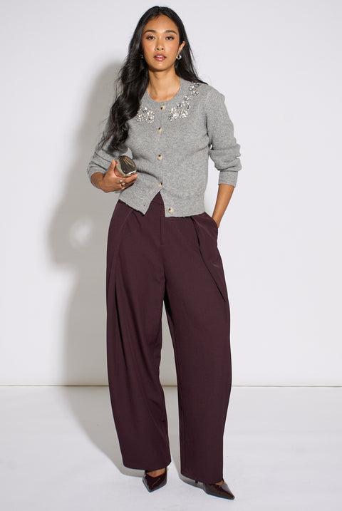 Purple Pleat Buckle Detail Barrel Trousers by Gini London