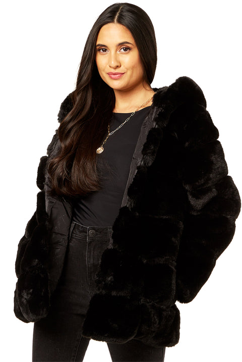 Black Horizontal Cut Fur Hooded Jacket by Gini London