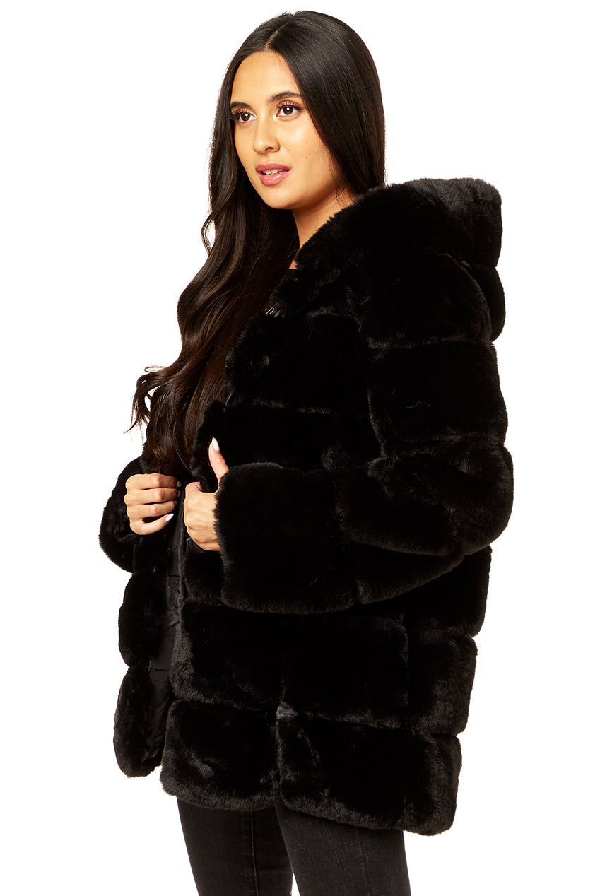 Black Horizontal Cut Fur Hooded Jacket GL340001