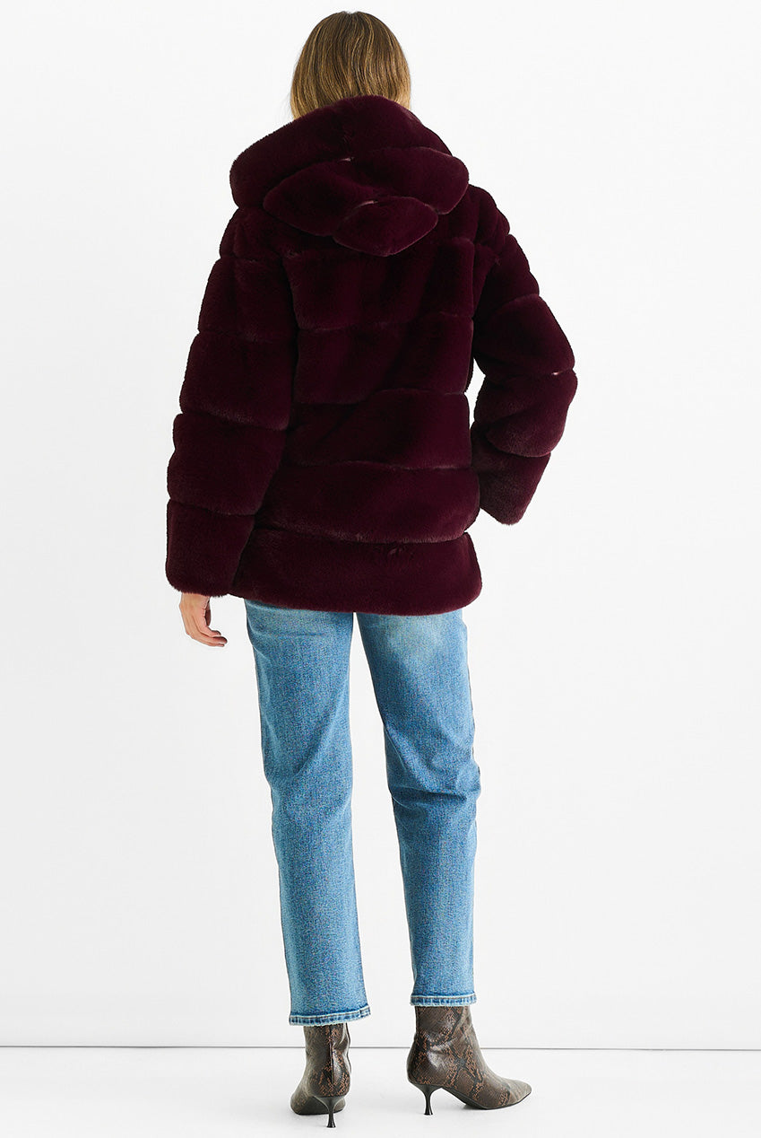 Dark Burgundy Horizontal Cut Fur Hooded Jacket GL340