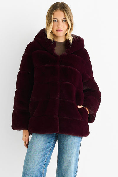 Dark Burgundy Horizontal Cut Fur Hooded Jacket by Gini London