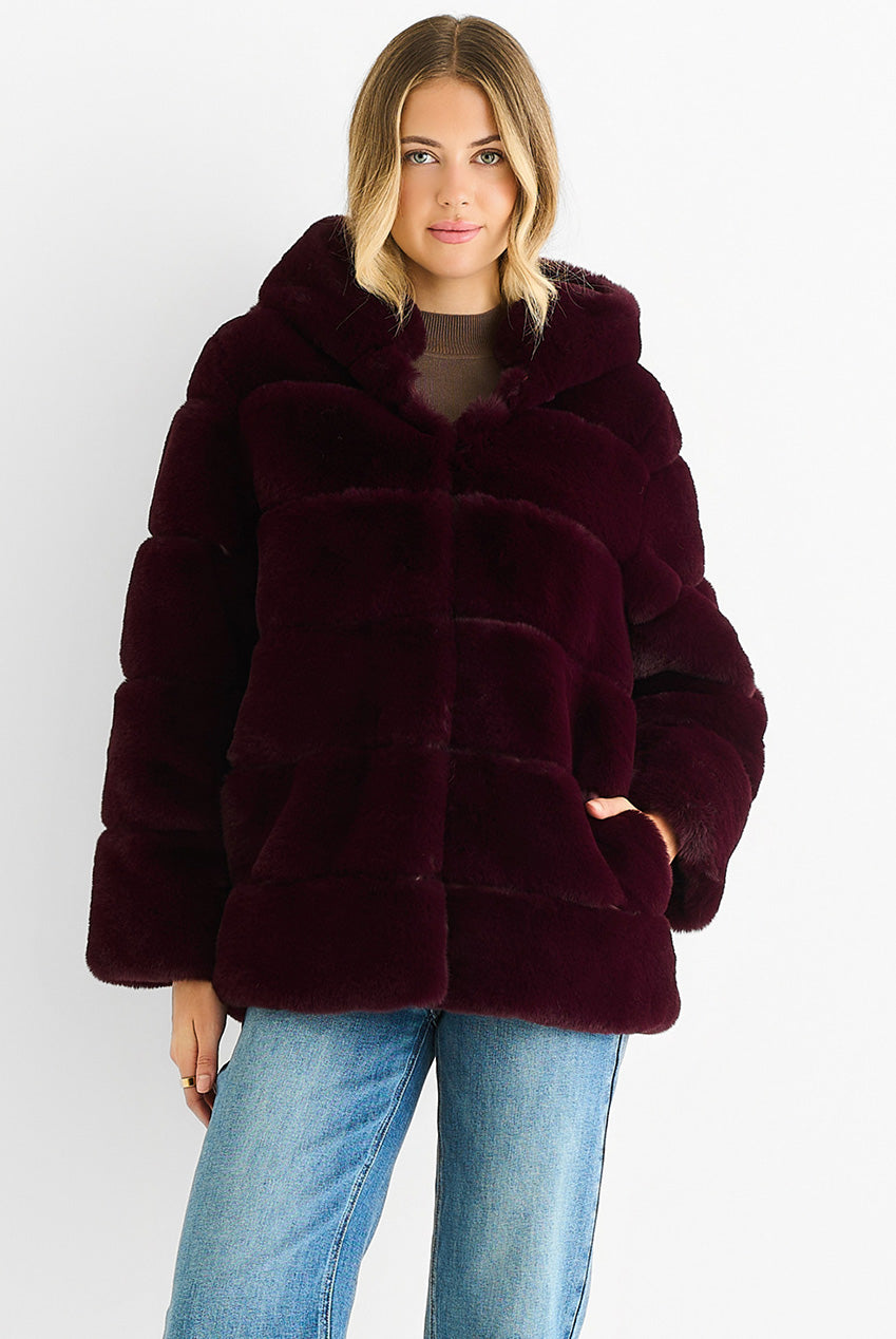 Dark Burgundy Horizontal Cut Fur Hooded Jacket GL340