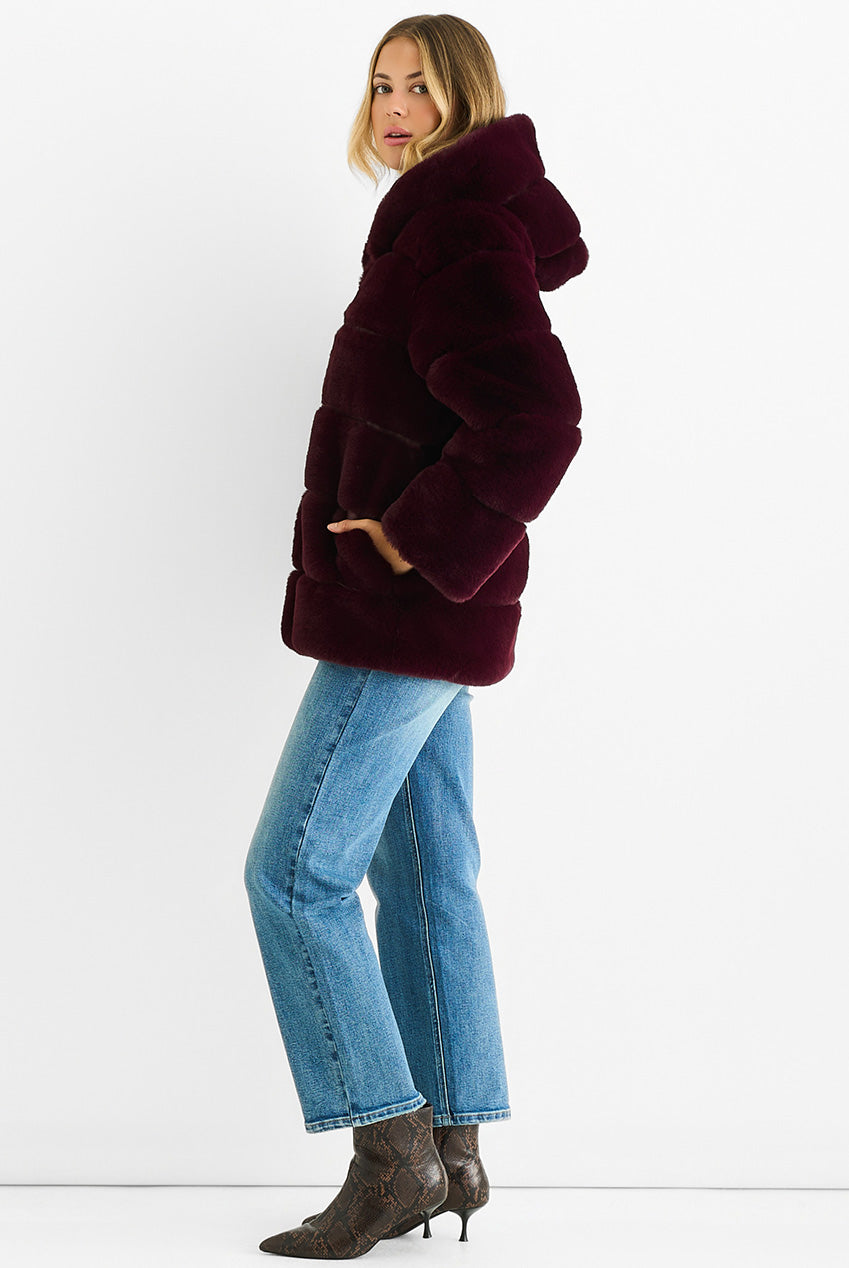 Dark Burgundy Horizontal Cut Fur Hooded Jacket GL340