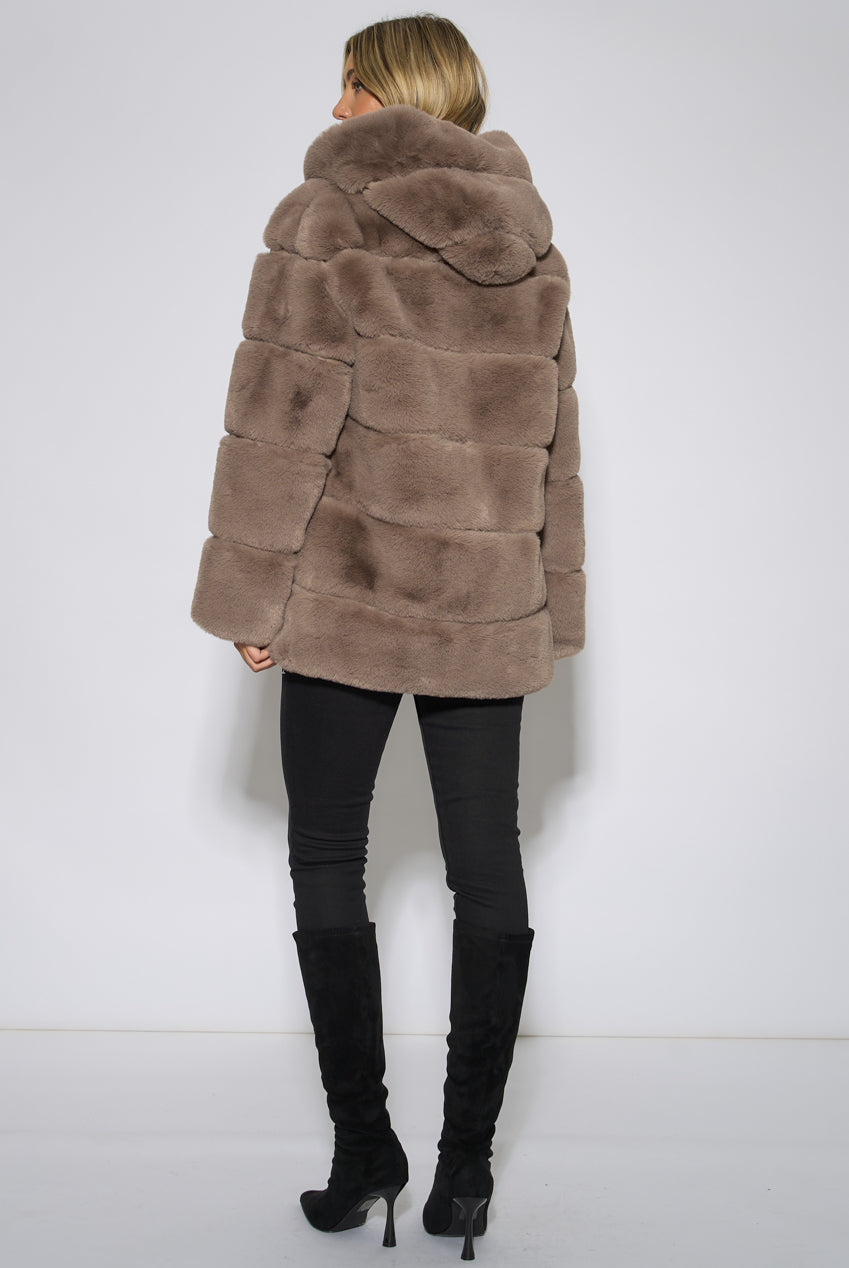 Mocha Horizontal Cut Fur Hooded Jacket GL340