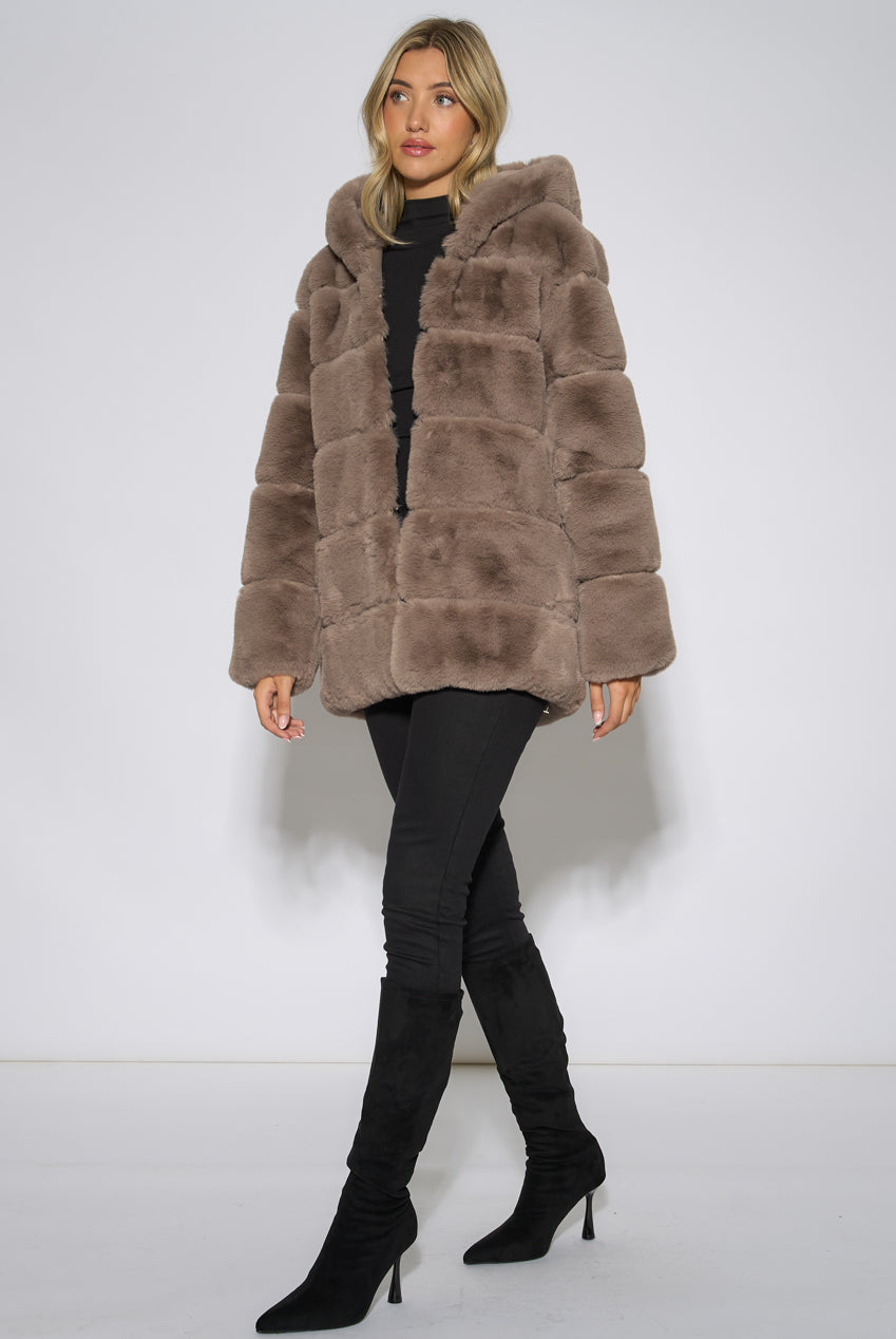 Mocha Horizontal Cut Fur Hooded Jacket GL340