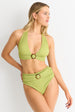 Sage Green Textured High Waisted Bottoms With Ring Belt Detail by Gini London