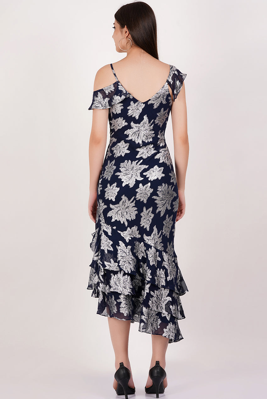 Navy Floral Clipped Tiered Ruffle Midi Dress GL854007