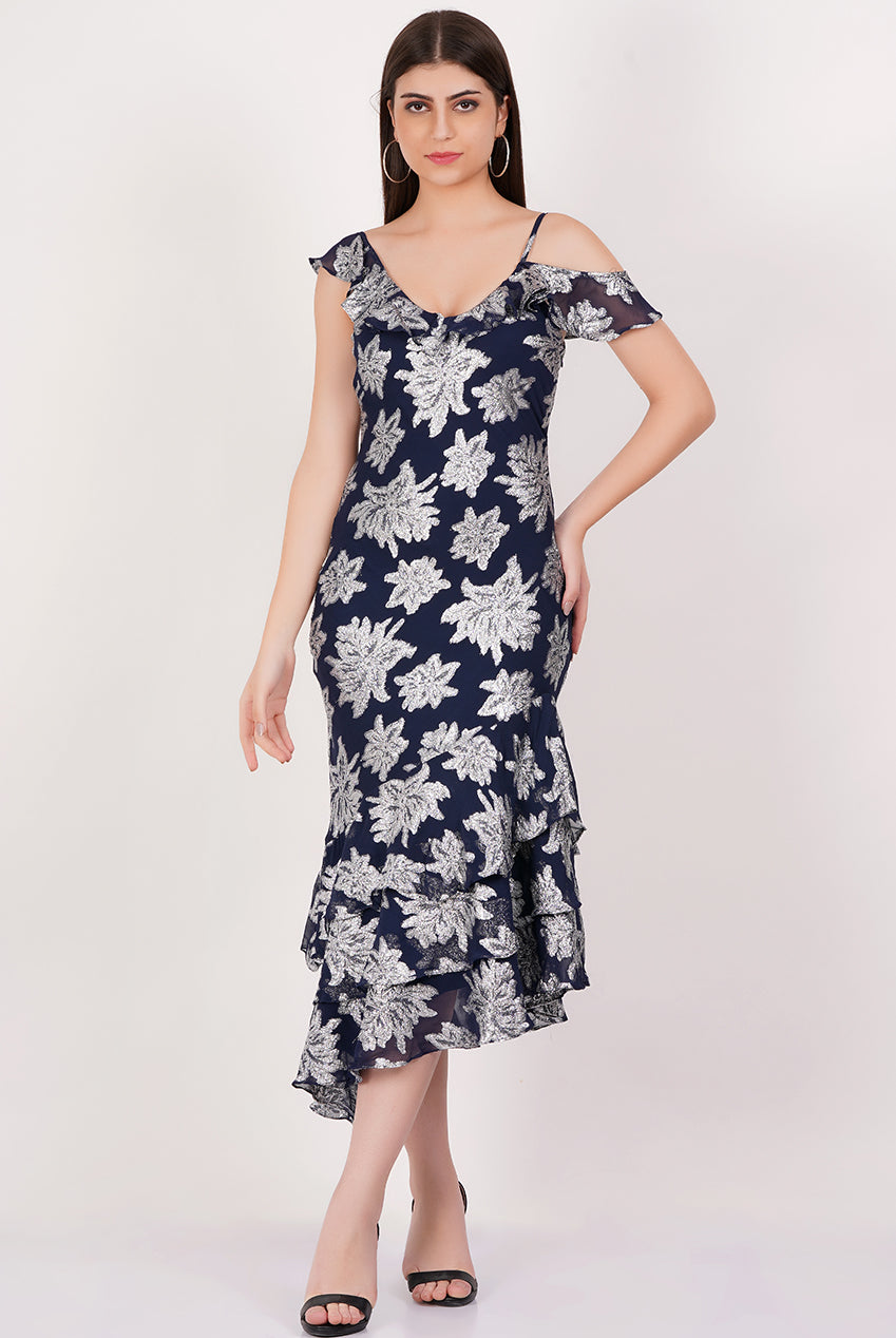 Navy Floral Clipped Tiered Ruffle Midi Dress GL854007