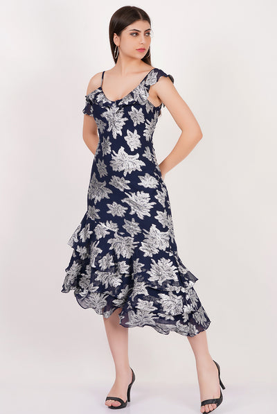 Navy - Navy Floral Clipped Tiered Ruffle Midi Dress by Gini London
