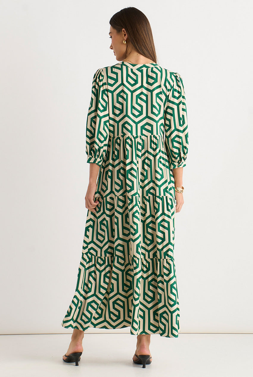 Green Geo Print Smock Midi Dress GL911A005