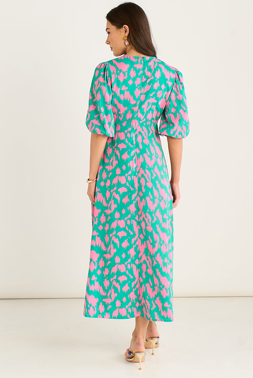 Green Animal Print V Neck Shift Midi Dress GL934005
