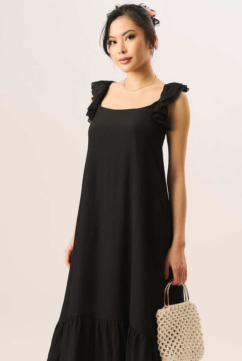 Black Ruffle Short Sleeve Viscose Maxi Dress GL937001