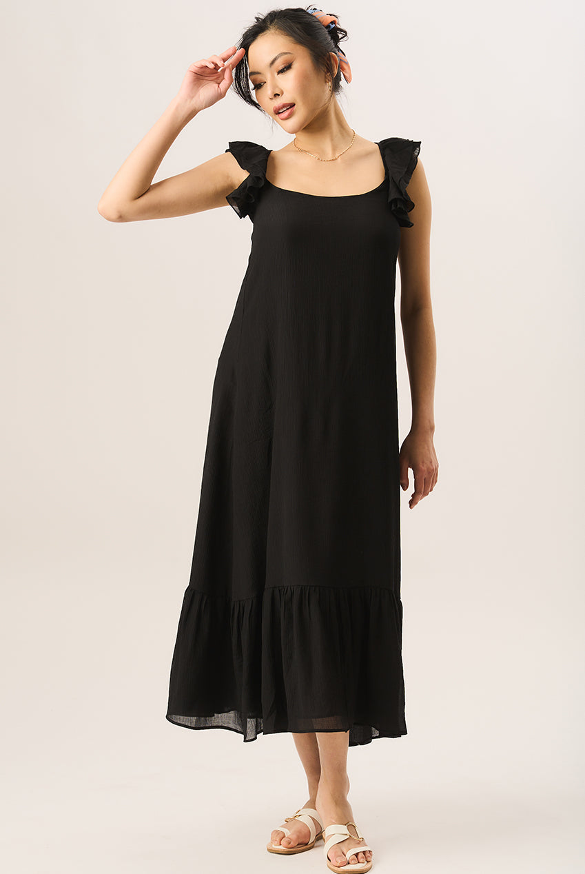 Black Ruffle Short Sleeve Viscose Maxi Dress GL937001