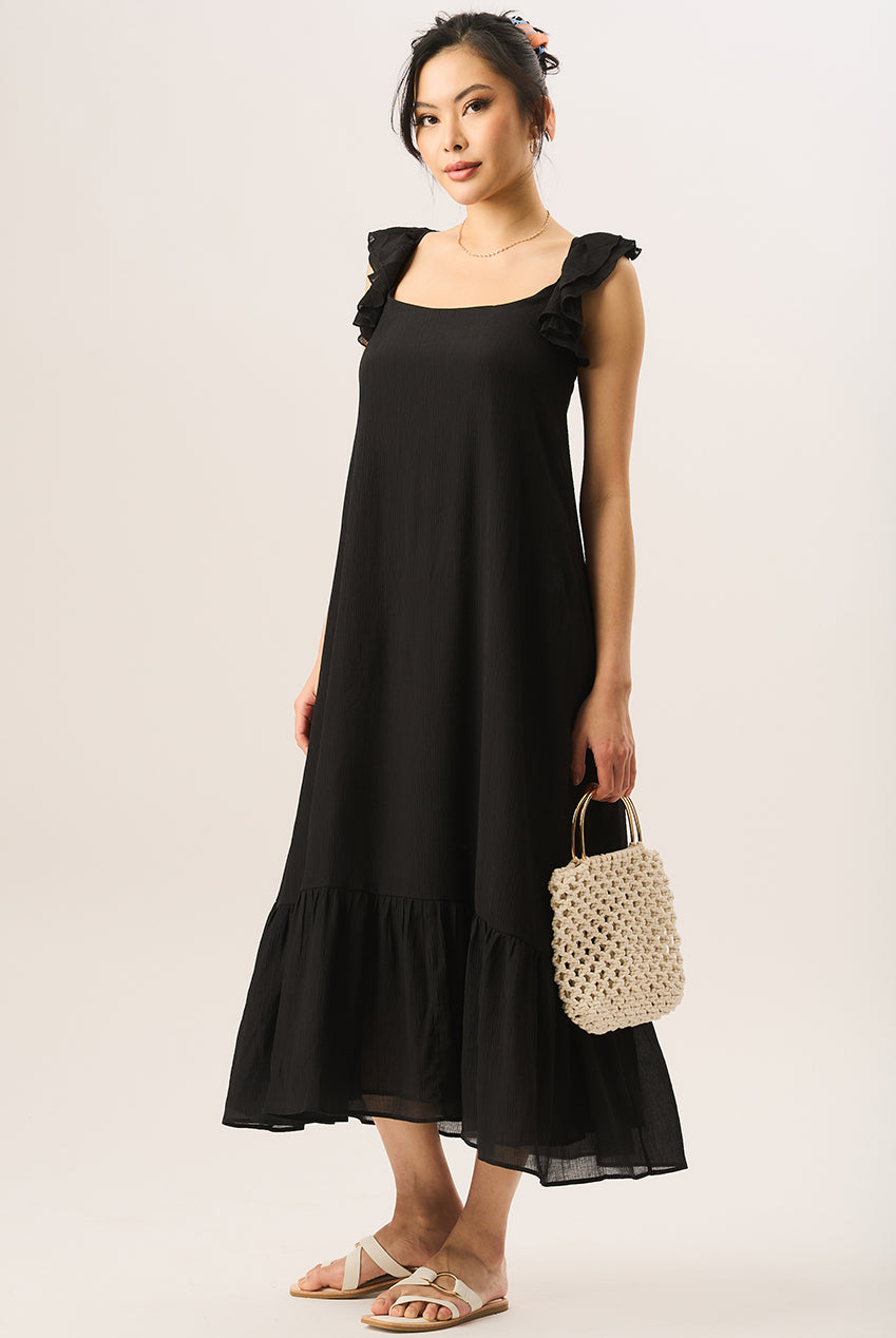 Black Ruffle Short Sleeve Viscose Maxi Dress GL937001