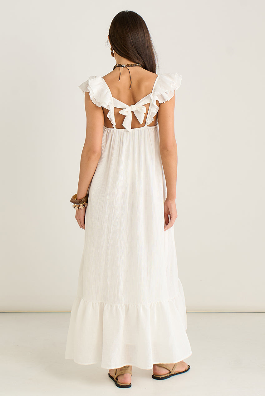 White Ruffle Short Sleeve Viscose Maxi Dress GL937009